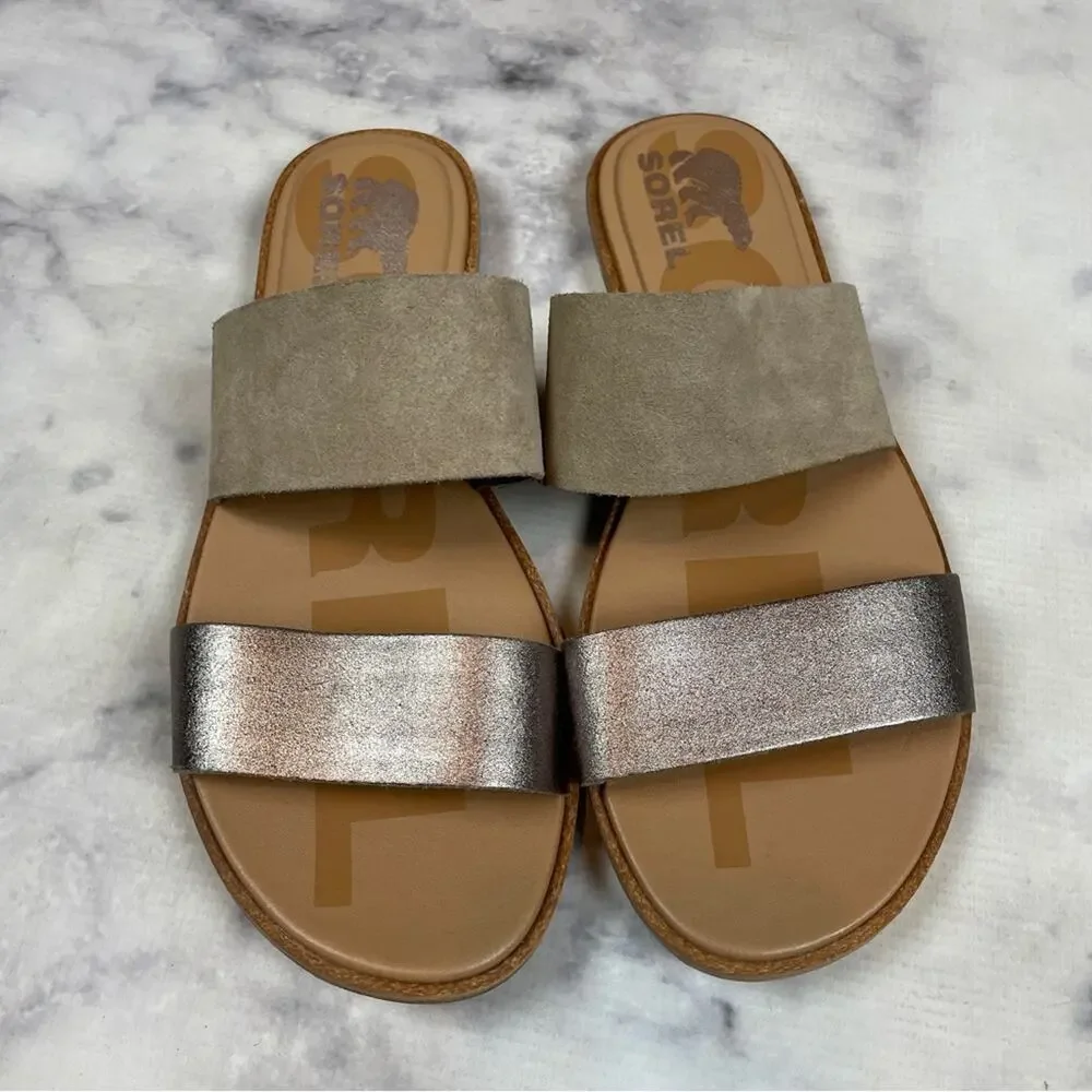 Sorel Ella II Suede Metallic Double Strap Slide Sandals NWOB Sz 8